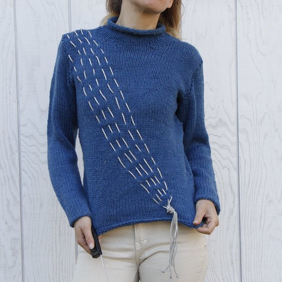 Vintage Mock Turtleneck Wool Sweater with Iridescent Leather Accent - Picture 2 of 12